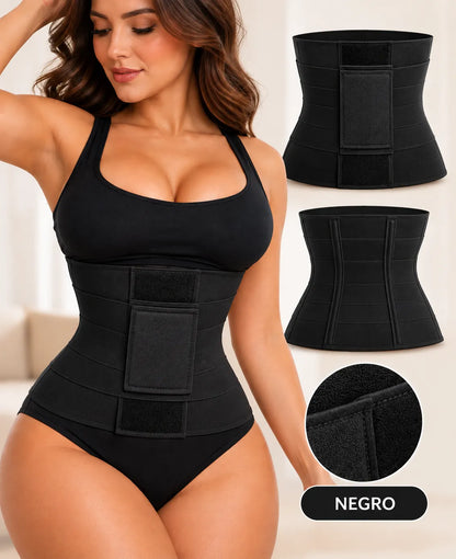 Faja reloj de arena ajustable color negro con bandas de compresión, cierre de velcro y soporte estructural para la cintura