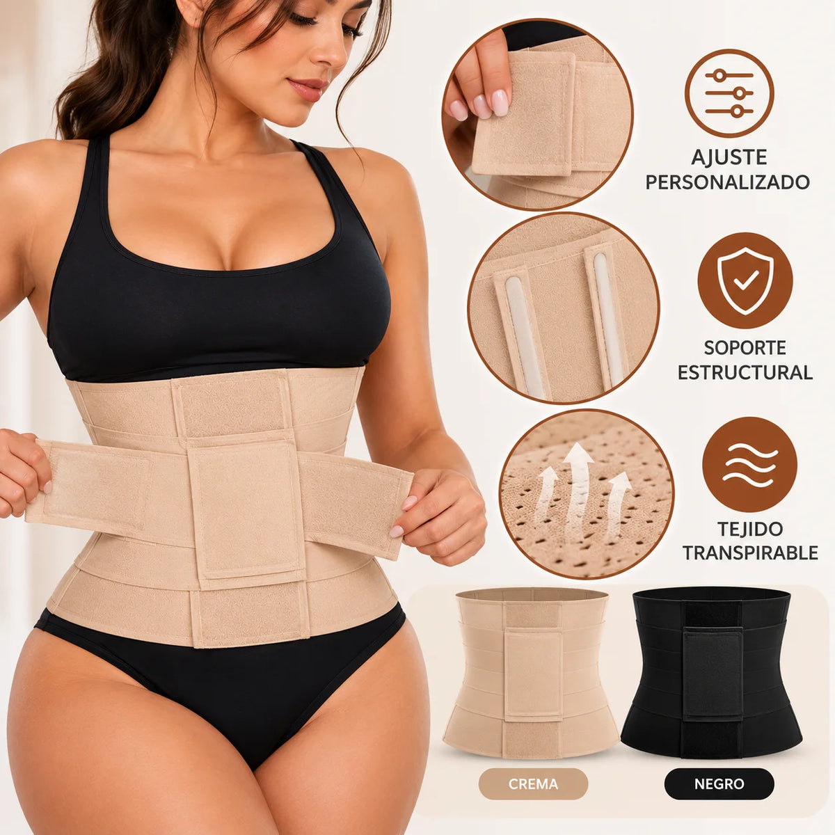 Faja reloj de arena ajustable con bandas de compresión, soporte estructural y tejido transpirable, disponible en crema y negro