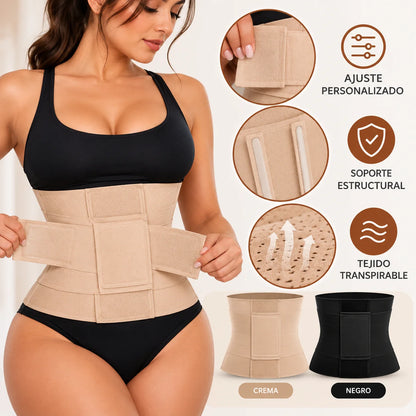 Faja reloj de arena ajustable con bandas de compresión, soporte estructural y tejido transpirable, disponible en crema y negro