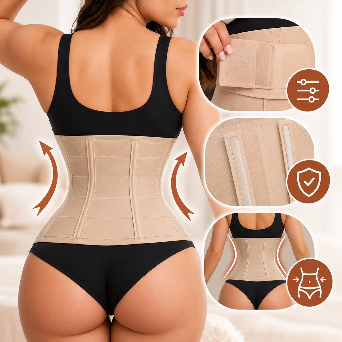 Faja reloj de arena ajustable color crema con soporte estructural flexible y bandas de compresión para definir visualmente la cintura