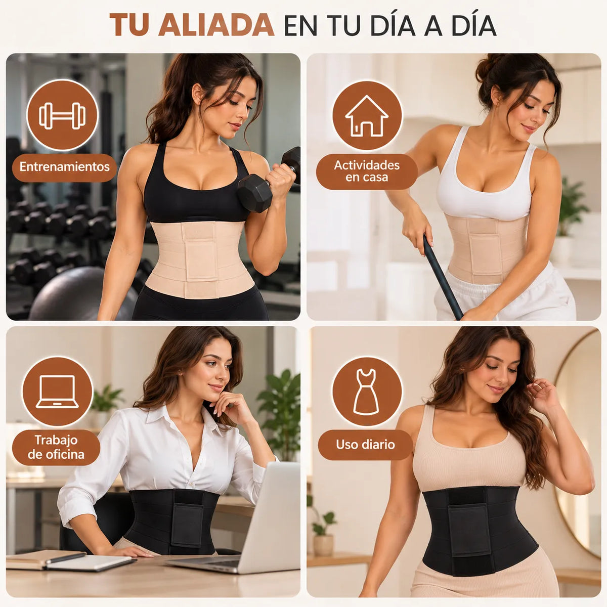 Faja reloj de arena ajustable para entrenamientos, actividades en casa, trabajo de oficina y uso diario, disponible en crema y negro