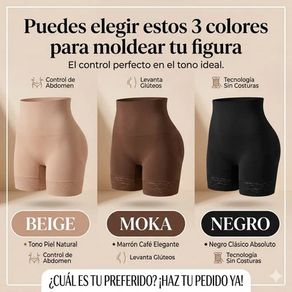 Comparativa de faja short moldeadora de abdomen y levanta glúteos en tres colores: beige natural, moka elegante y negro clásico.