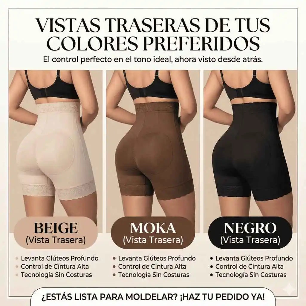 Vista trasera de la faja short moldeadora en colores beige, moka y negro, resaltando el diseño de levante de glúteos profundo y control de cintura alta.