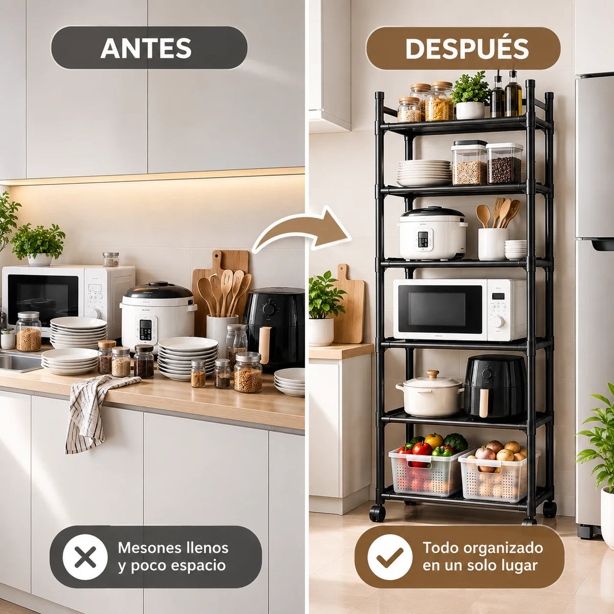 Antes y después de cocina organizada con estante multiusos de 6 niveles para electrodomésticos, utensilios y alimentos.