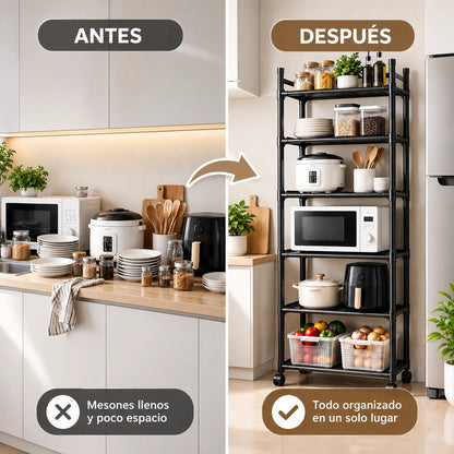 Antes y después de cocina organizada con estante multiusos de 6 niveles para electrodomésticos, utensilios y alimentos.