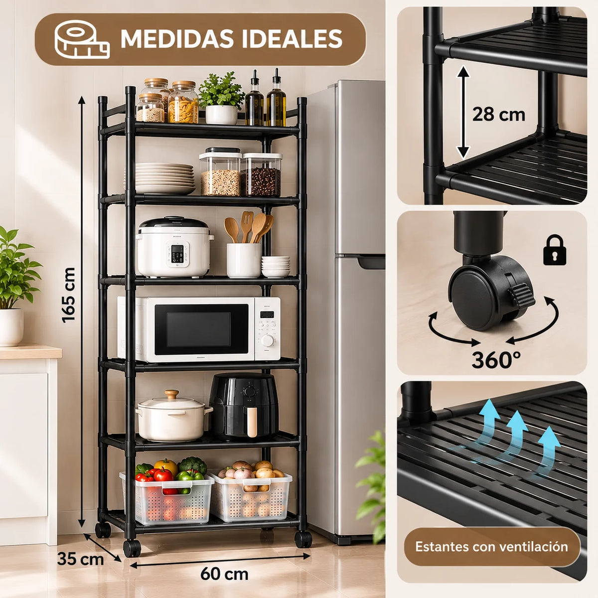 Organizador multiusos de cocina de 6 niveles con ruedas giratorias, estantes ventilados y medidas del producto