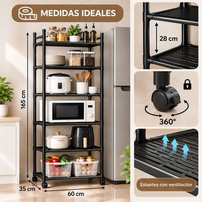 Organizador multiusos de cocina de 6 niveles con ruedas giratorias, estantes ventilados y medidas del producto