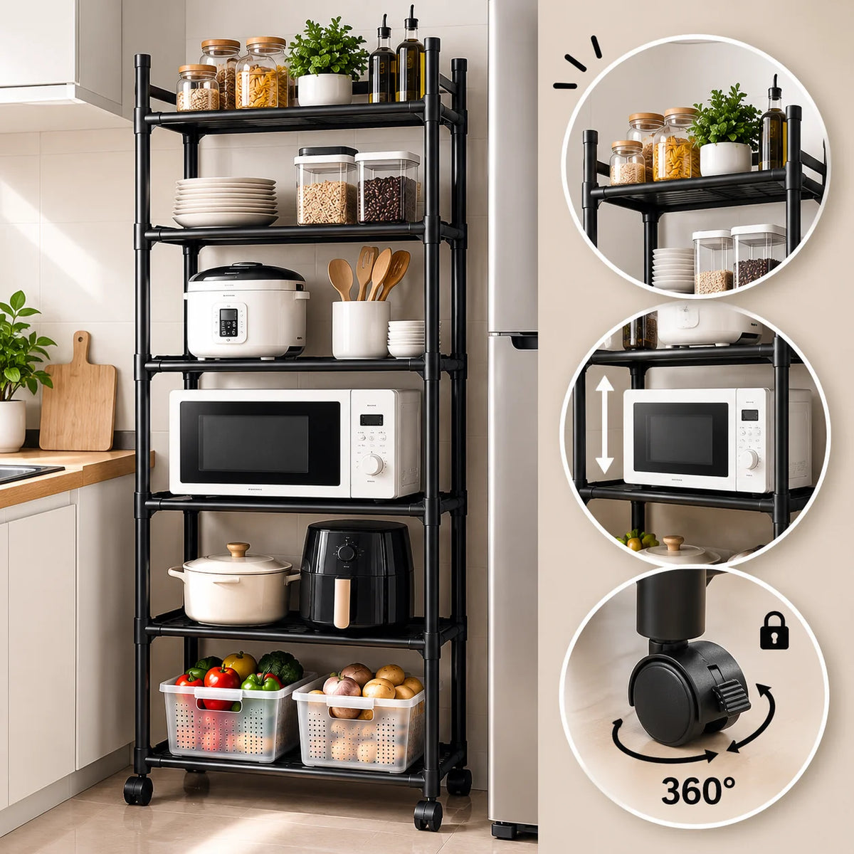 Organizador de cocina de 6 niveles con espacio para microondas, almacenamiento multiusos y ruedas 360°