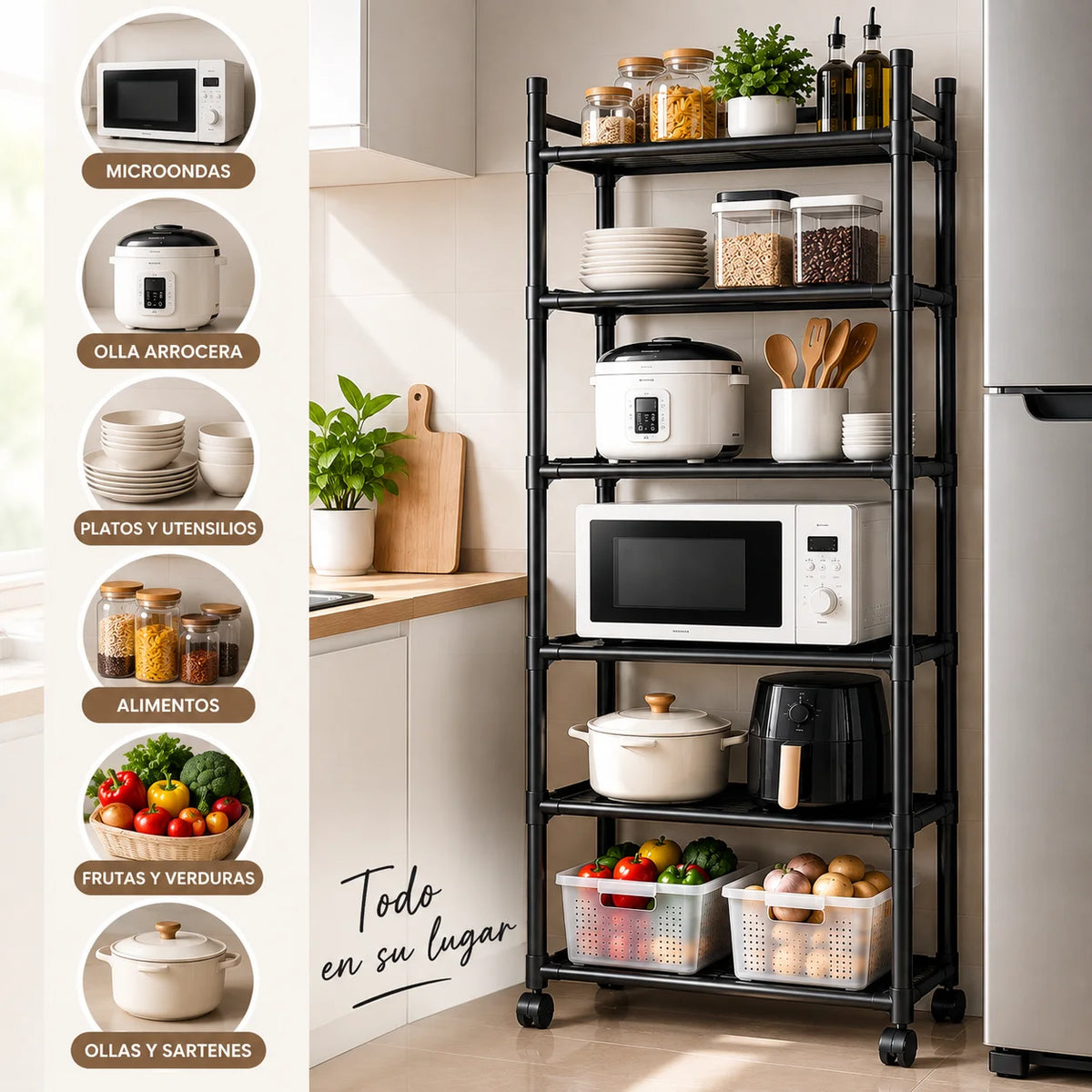 Organizador multiusos de cocina de 6 niveles para microondas, olla arrocera, utensilios, alimentos, frutas y verduras