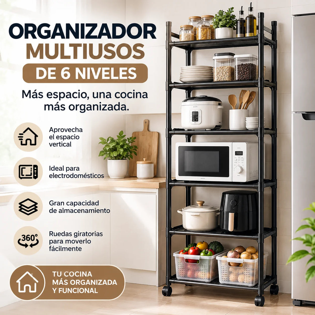 Organizador multiusos para cocina de 6 niveles con ruedas para almacenar microondas, electrodomésticos, utensilios y alimentos
