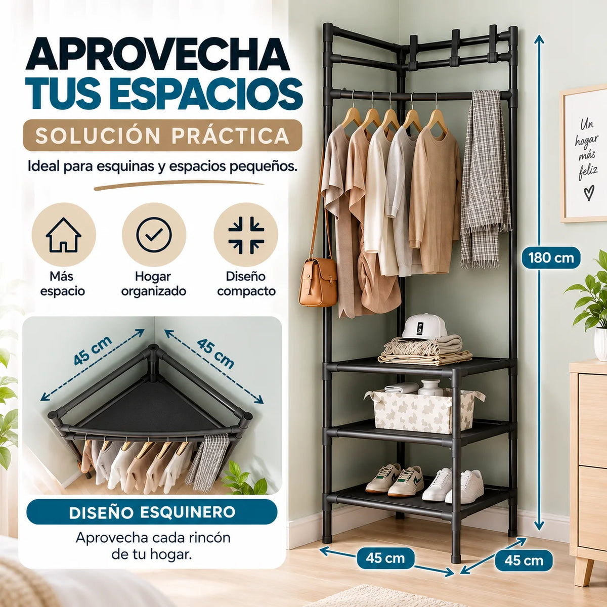 Perchero esquinero multifuncional de 180 x 45 x 45 cm para organizar ropa, zapatos y accesorios en espacios pequeños