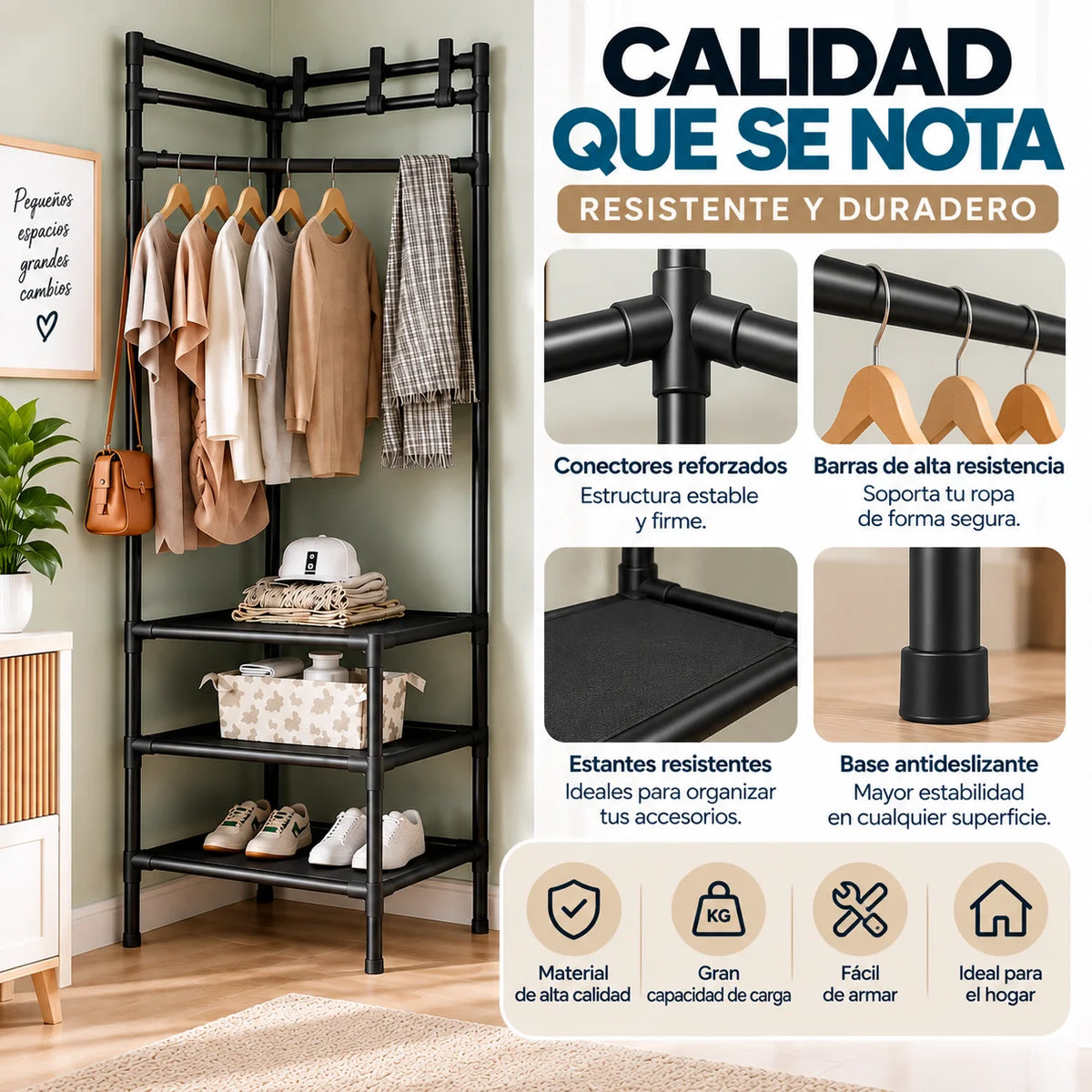 Perchero esquinero multifuncional negro con estructura resistente, barras para ropa, estantes organizadores y base estable
