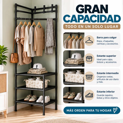 Perchero esquinero multifuncional con barra para colgar ropa y estantes para organizar zapatos, bolsos y accesorios