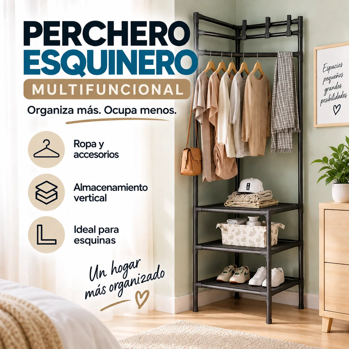 Perchero esquinero multifuncional negro para organizar ropa, zapatos y accesorios aprovechando espacios pequeños