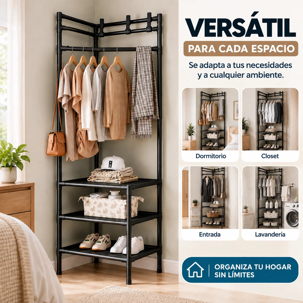 Perchero esquinero multifuncional para organizar ropa, zapatos y accesorios en dormitorio, closet, entrada o lavandería