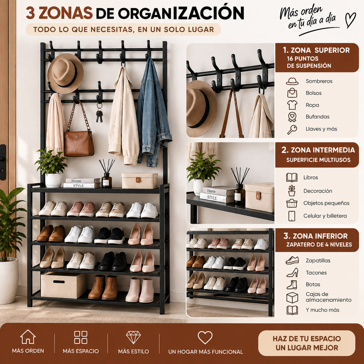Perchero multifuncional con 16 puntos para colgar, superficie multiusos y zapatero de 4 niveles para organizar el hogar