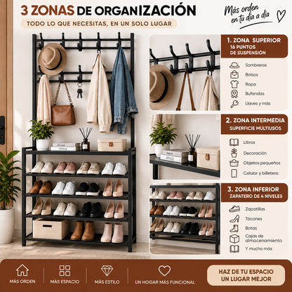 Perchero multifuncional con 16 puntos para colgar, superficie multiusos y zapatero de 4 niveles para organizar el hogar