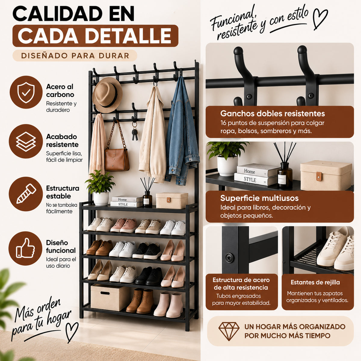 Perchero multifuncional con zapatero, estructura de acero al carbono, ganchos dobles y estantes para organizar ropa, zapatos y accesorios