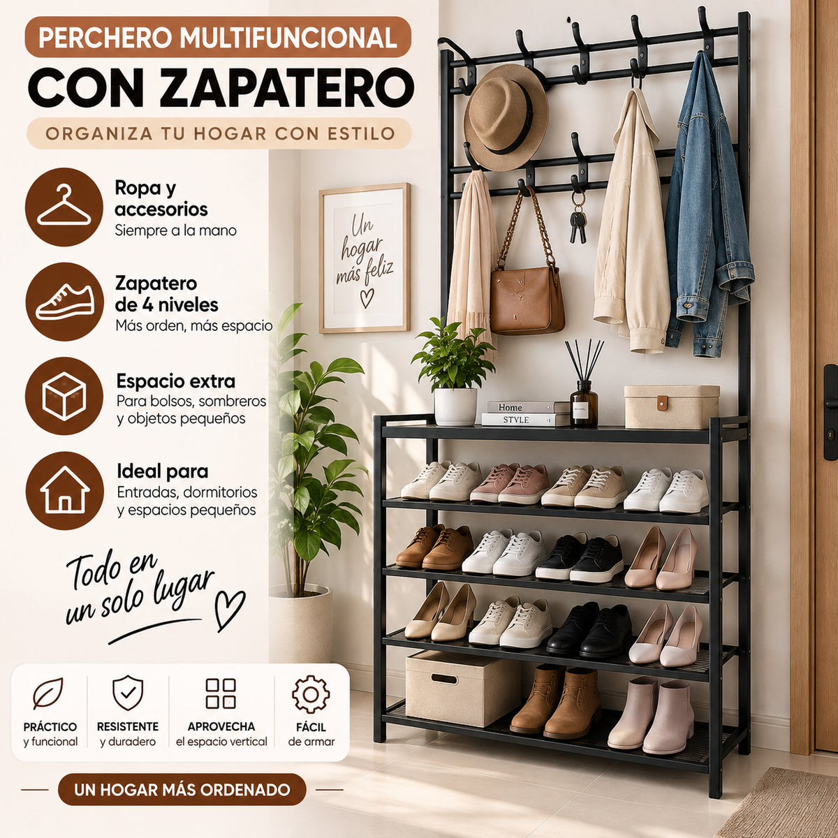 Perchero multifuncional con zapatero de 4 niveles para organizar ropa, zapatos, bolsos y accesorios