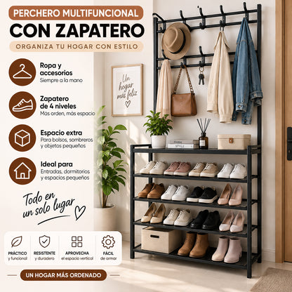 Perchero multifuncional con zapatero de 4 niveles para organizar ropa, zapatos, bolsos y accesorios