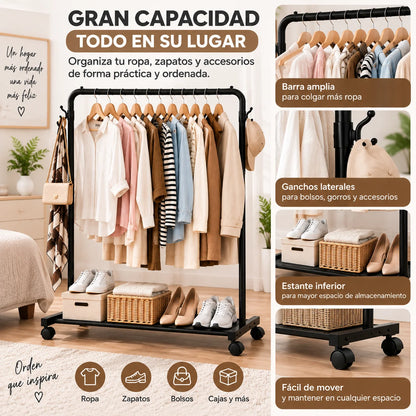 Perchero rodante de gran capacidad con espacio para organizar ropa, zapatos, bolsos y cajas