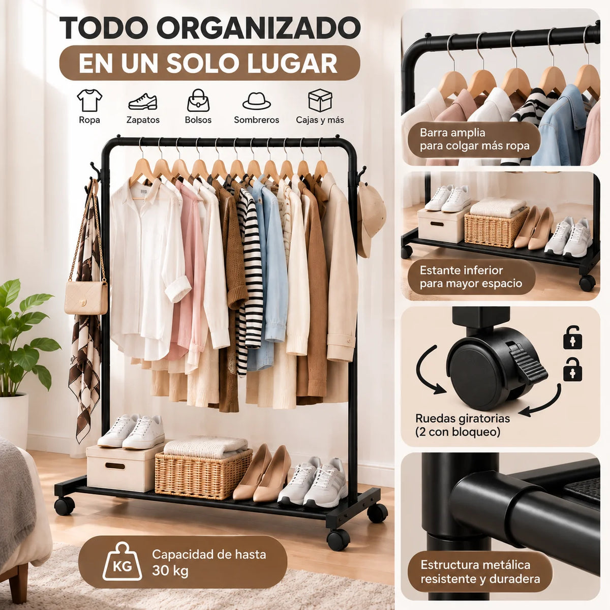 Perchero rodante multiusos negro con ruedas para organizar ropa, zapatos, bolsos y cajas