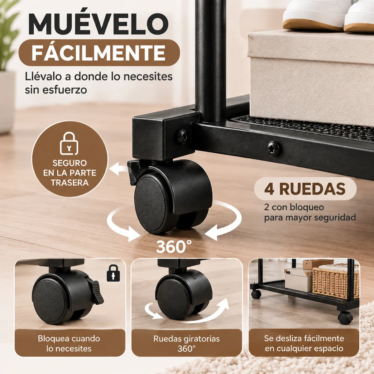 Perchero de ropa rodante con ruedas giratorias 360° y sistema de bloqueo para moverlo fácilmente