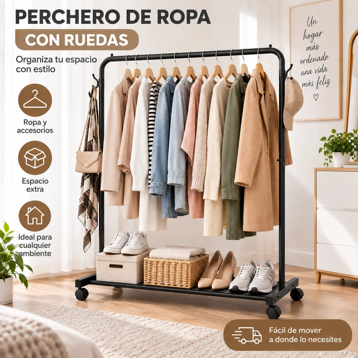 Perchero de ropa con ruedas negro para organizar ropa, zapatos y accesorios en el hogar