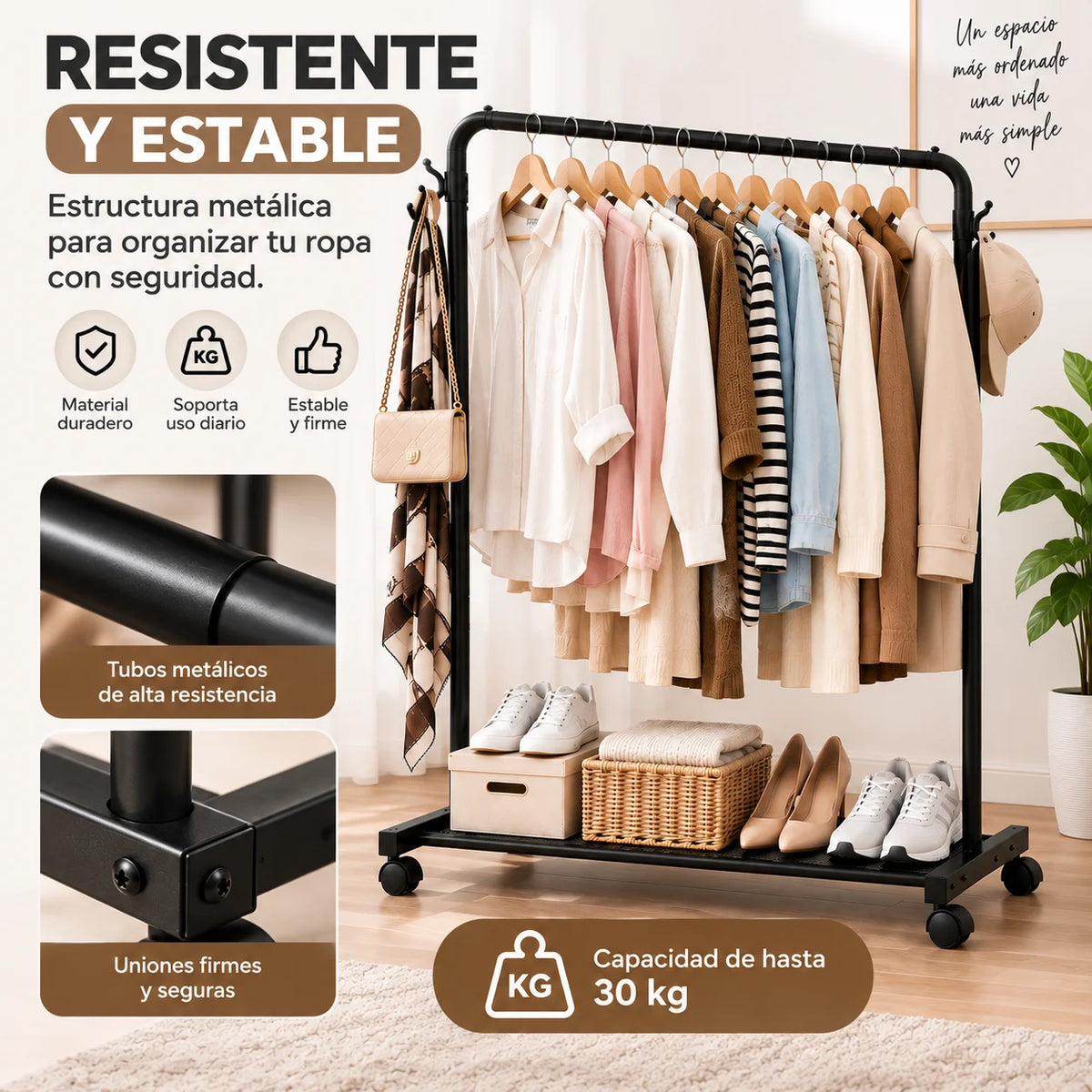 Perchero de ropa metálico resistente y estable con capacidad de hasta 30 kg y espacio inferior para zapatos y cajas