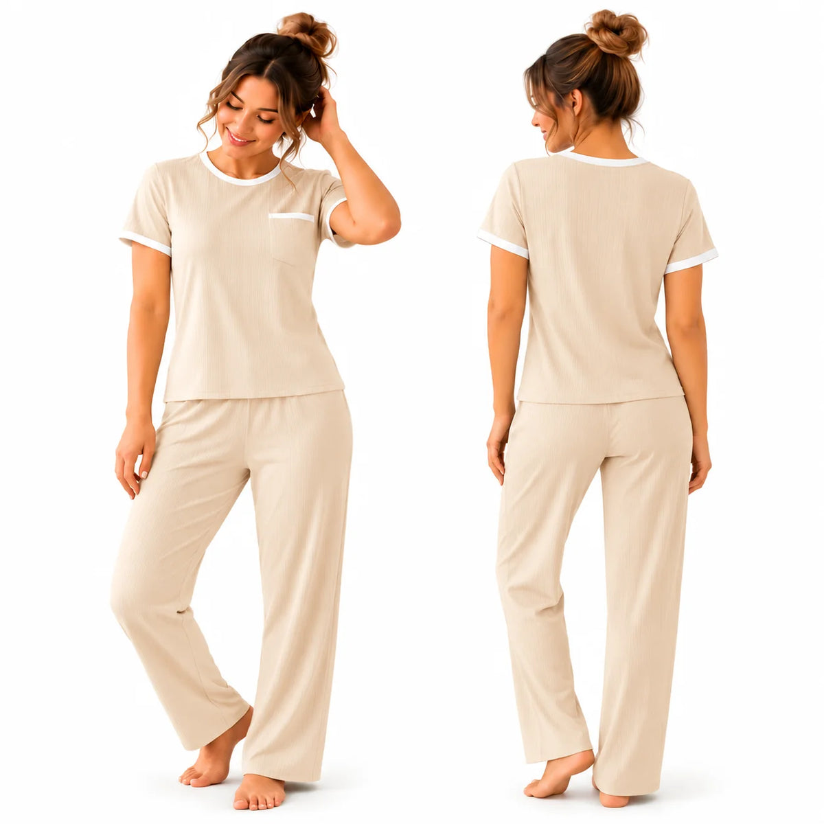 Pijama de mujer color beige en tela rib acanalada, presentada en vistas frontal y posterior. Conjunto de blusa manga corta con bolsillo frontal decorativo, ribetes blancos en cuello y mangas, y pantalón largo sin bolsillos, de corte relajado.