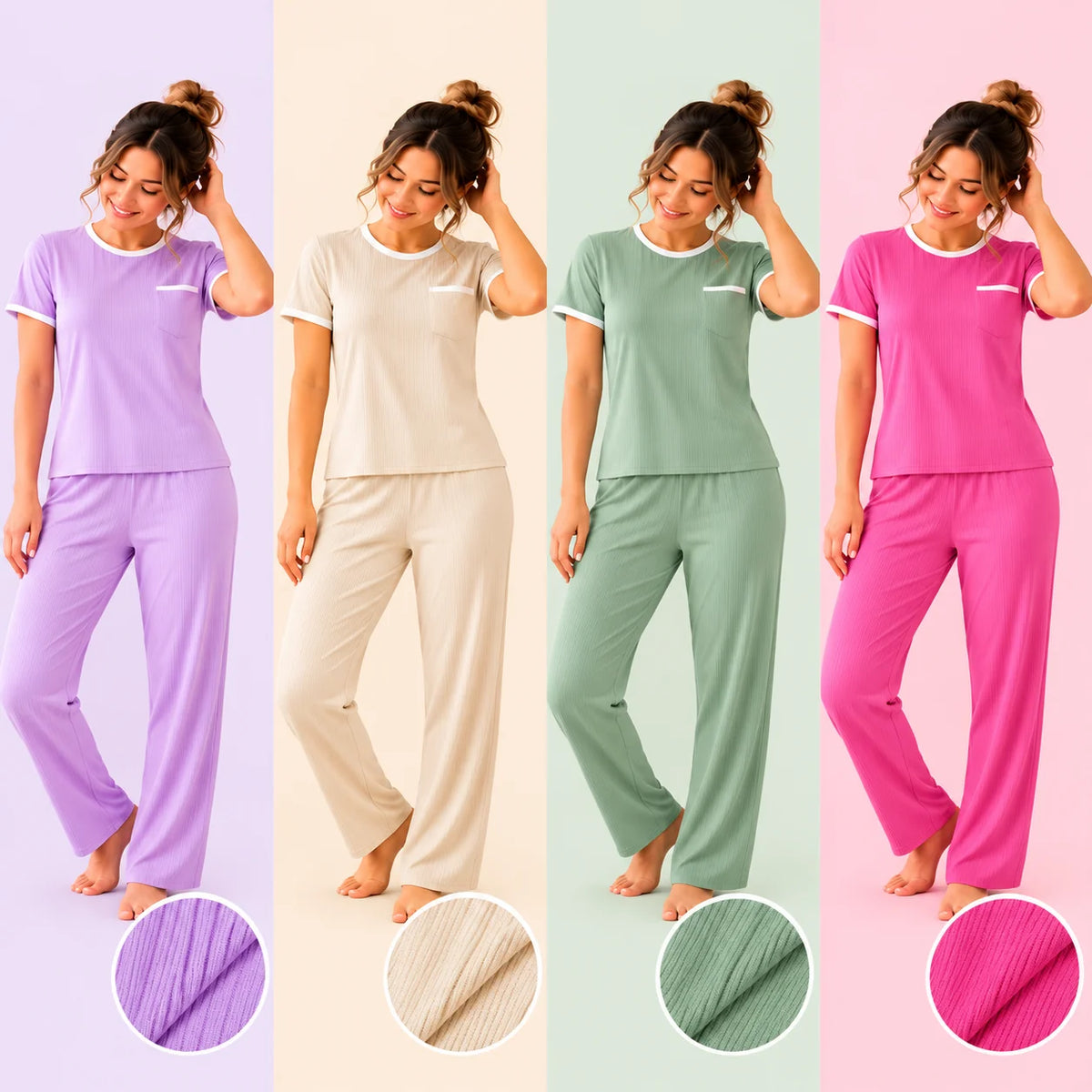 Pijama de mujer en tela rib acanalada, disponible en cuatro colores: Lila, Beige, Verde Salvia y Fucsia. Conjunto de blusa manga corta con bolsillo frontal, ribetes blancos y pantalón largo.