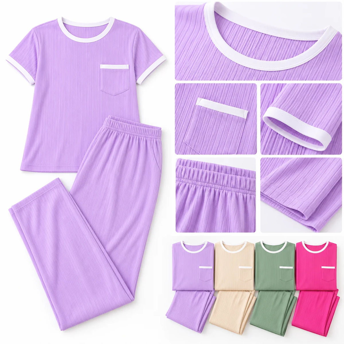 Pijama de mujer color lila en tela rib acanalada, con blusa de manga corta, bolsillo frontal decorativo, ribetes blancos y pantalón largo con pretina elástica. Detalles de la tela y cuatro colores disponibles: Lila, Beige, Verde Salvia y Fucsia.