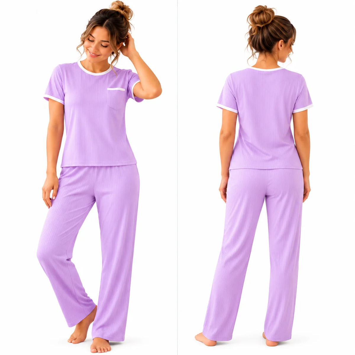 Pijama de mujer color lila en tela rib acanalada, con vistas frontal y posterior, blusa de manga corta con bolsillo y ribetes blancos, y pantalón largo de corte relajado.
