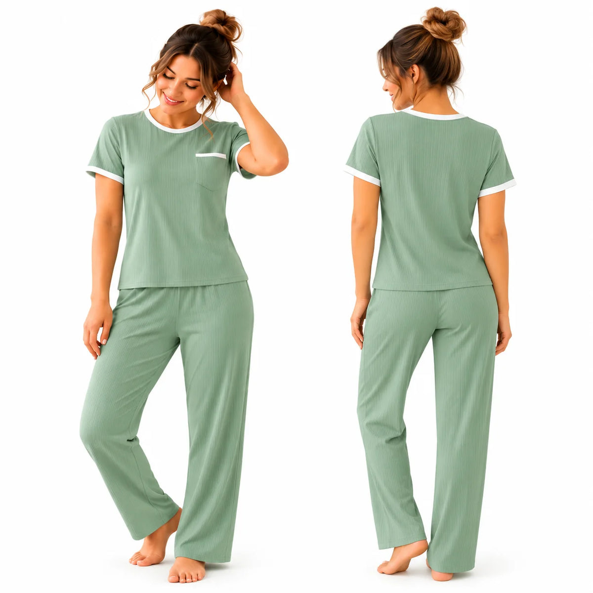 Pijama de mujer color Verde Salvia en tela rib acanalada, con vistas frontal y posterior. Conjunto de blusa manga corta con bolsillo frontal, ribetes blancos y pantalón largo sin bolsillos, de corte cómodo.