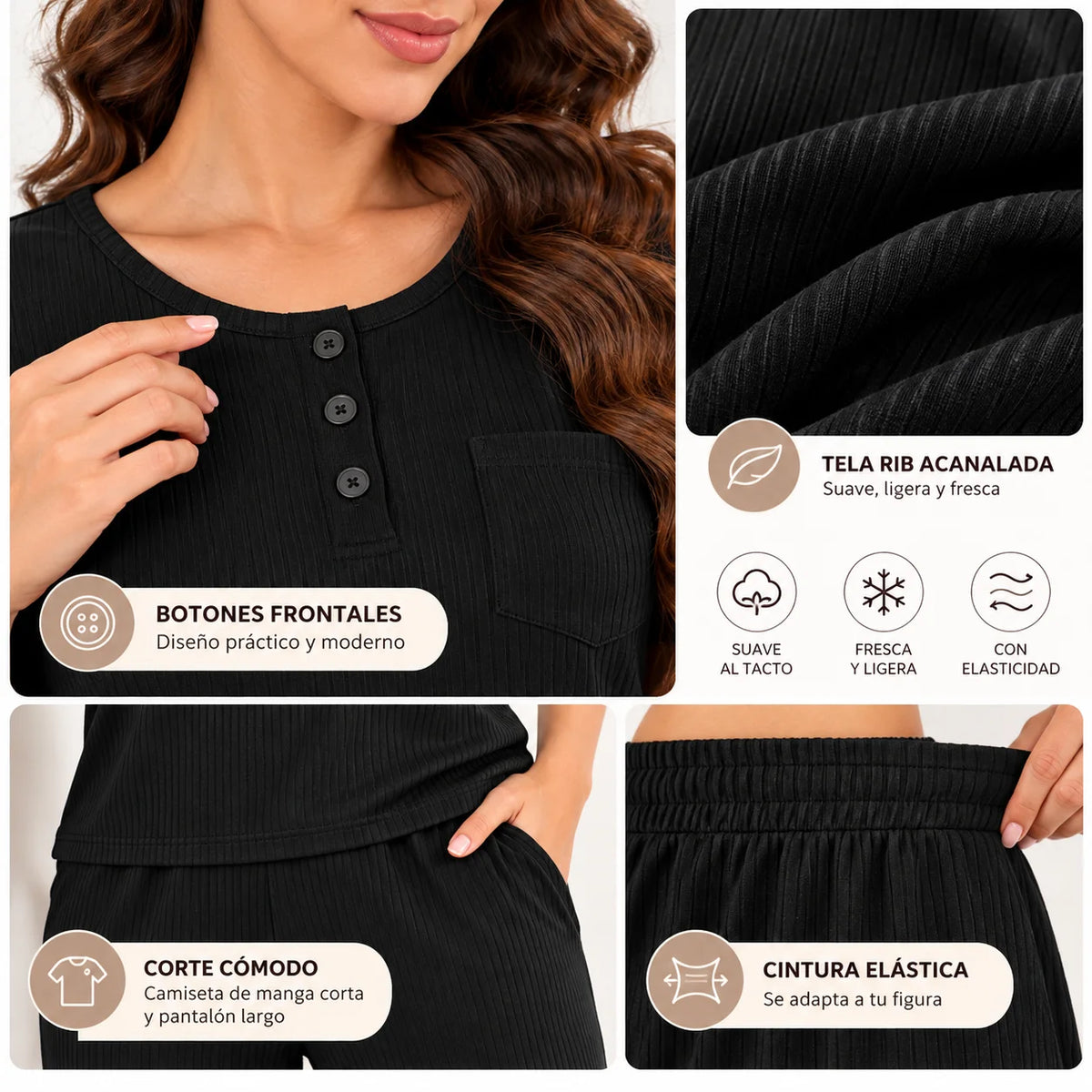 Detalles de pijama de mujer negra en tela rib acanalada: tres botones frontales, textura suave y ligera, camiseta de manga corta y pantalón largo con cintura elástica.