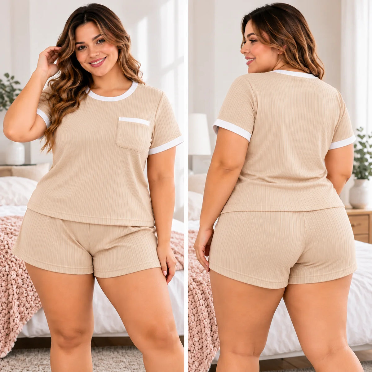 Mujer de figura curvilínea luciendo pijama beige de dos piezas en tejido rib acanalado, con blusa de manga corta, cuello redondo, bolsillo frontal y ribetes blancos, acompañada de short con cintura elástica. Vista frontal y posterior del conjunto.