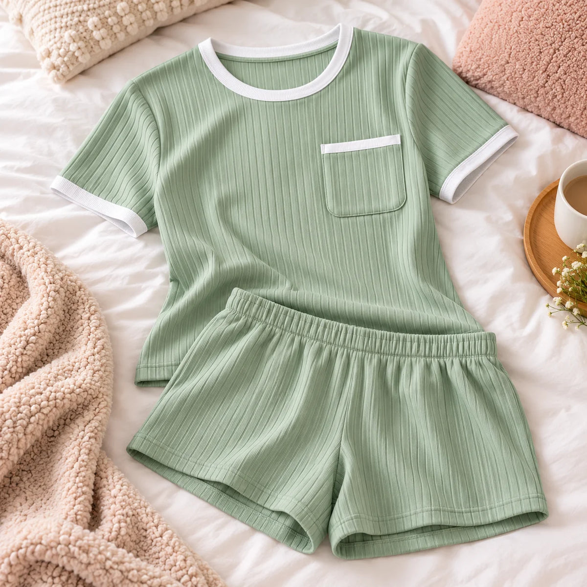 Pijama para mujer en color verde salvia, confeccionada en tejido rib acanalado. Conjunto de dos piezas con blusa de manga corta, cuello redondo, bolsillo frontal y ribetes blancos, acompañado de short con cintura elástica, presentado sobre una cama.
