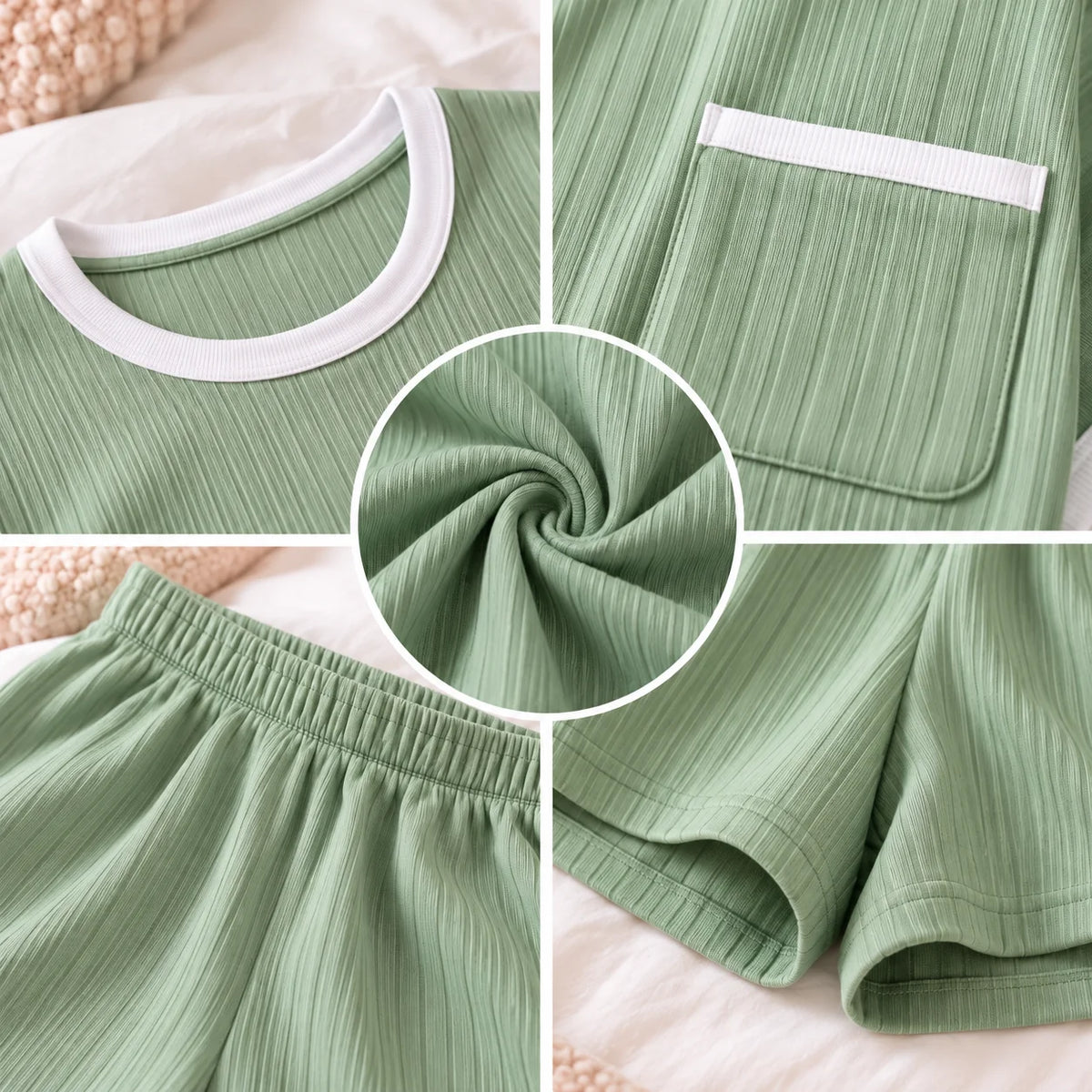 Detalles de pijama para mujer en color verde salvia con tejido rib acanalado, cuello redondo y mangas con ribetes blancos, bolsillo frontal decorativo, short con cintura elástica y acabados de costura.