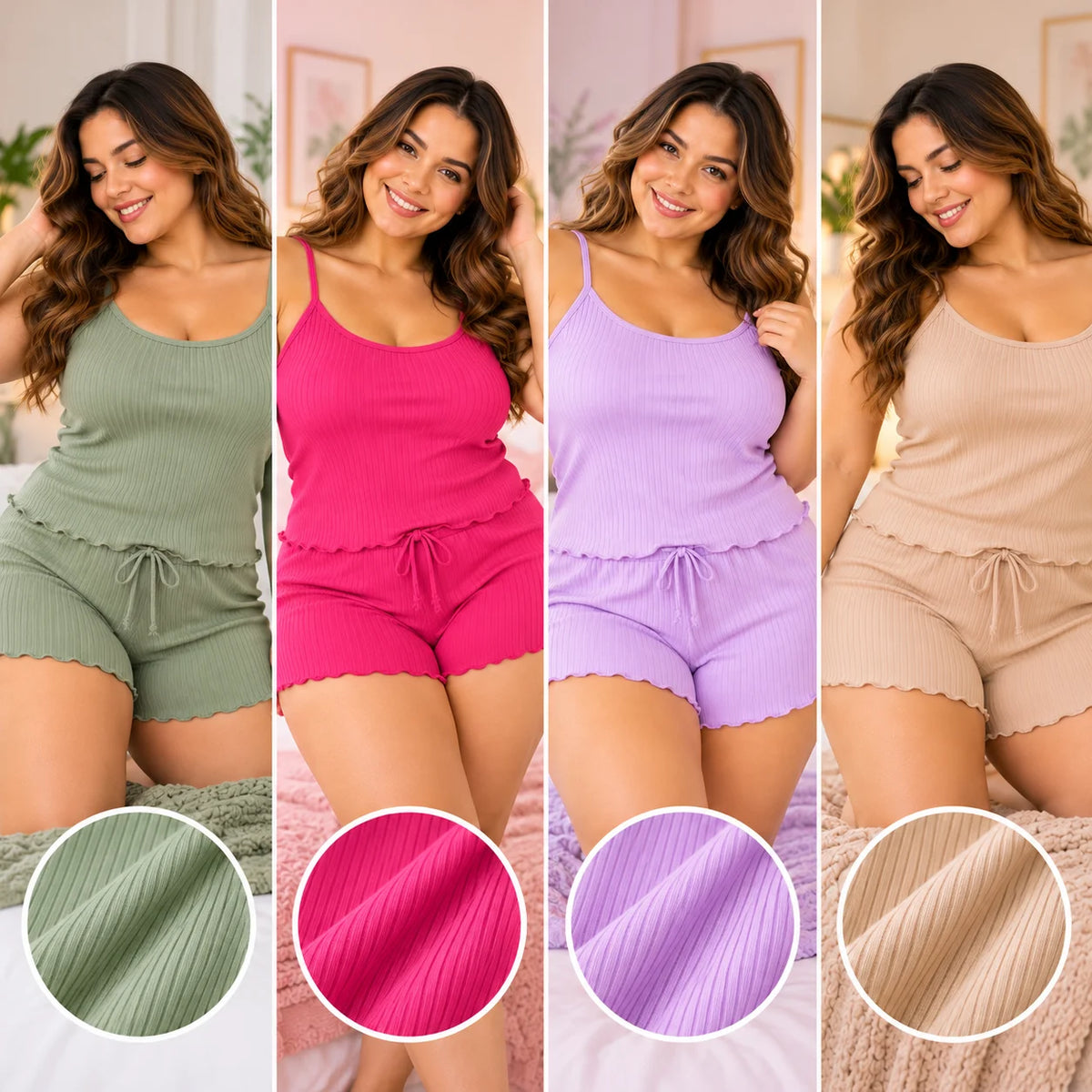 Cuatro modelos de pijama para mujer en tejido rib acanalado, presentadas por una mujer de figura curvilínea en colores verde salvia, fucsia, lila y beige. Cada conjunto incluye top de tirantes delgados y short con cintura elástica, cordón frontal y bordes ondulados. La imagen muestra detalles de la textura de cada color.