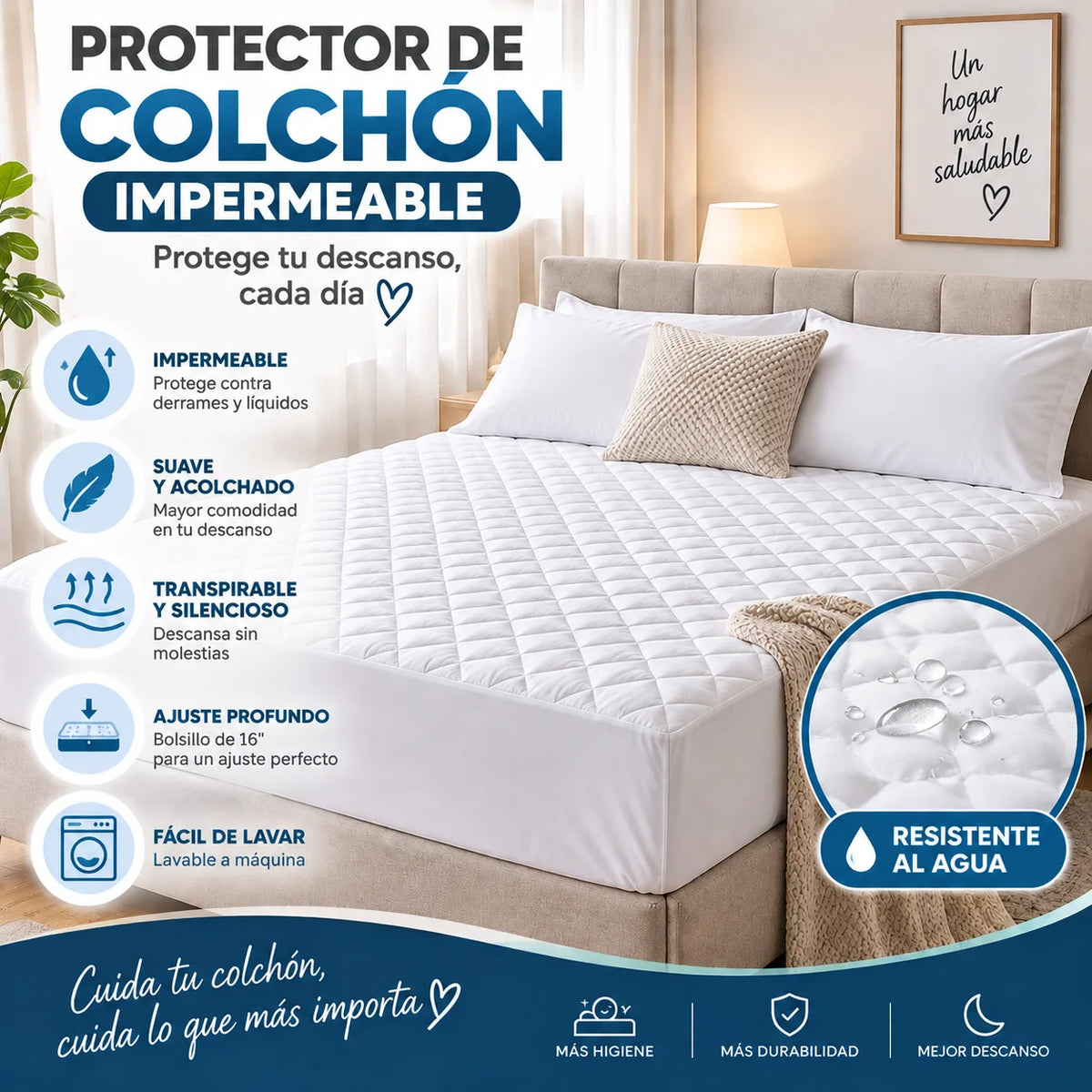 Protector de colchón impermeable, acolchado y transpirable con ajuste profundo para proteger contra derrames y líquidos