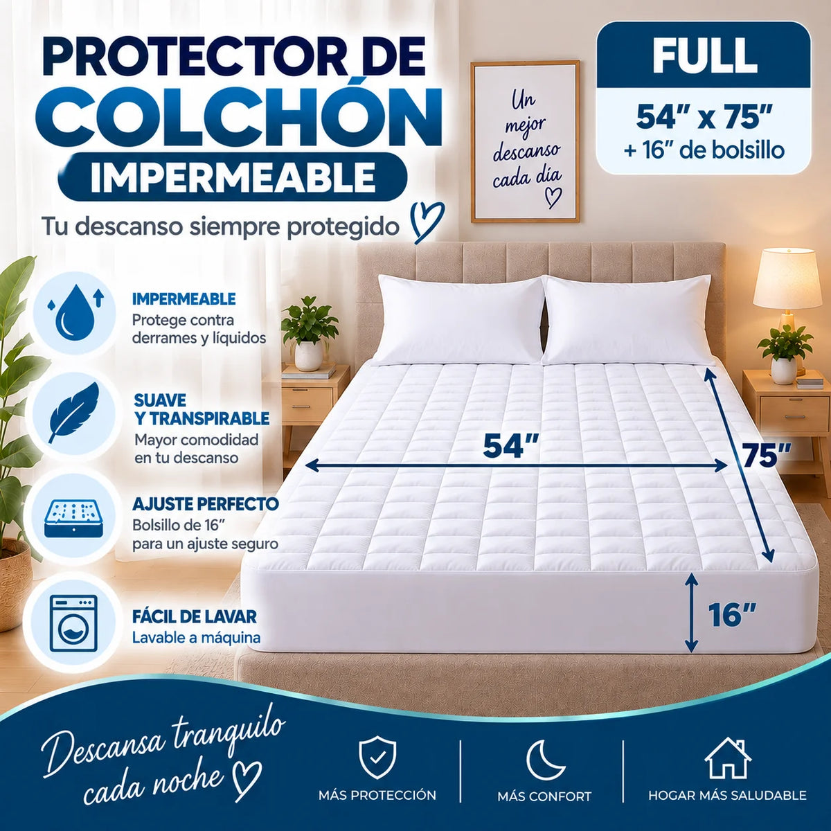 Protector de colchón impermeable tamaño Full 54 x 75 pulgadas con bolsillo profundo de 16 pulgadas
