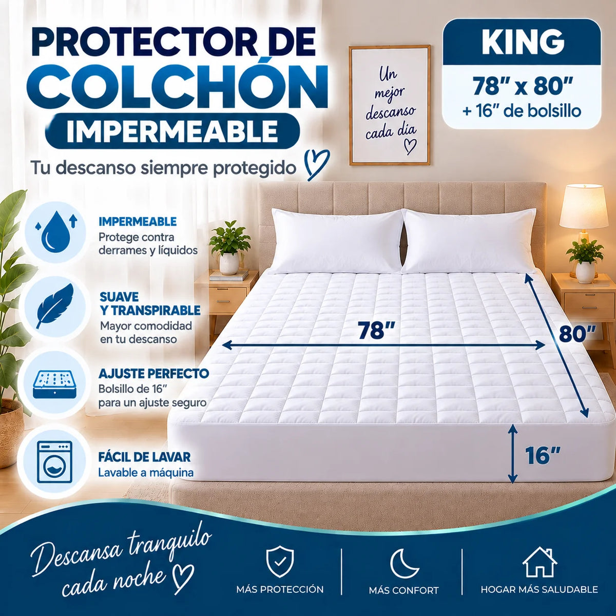 Protector de colchón impermeable tamaño King 78 x 80 pulgadas con bolsillo profundo de 16 pulgadas