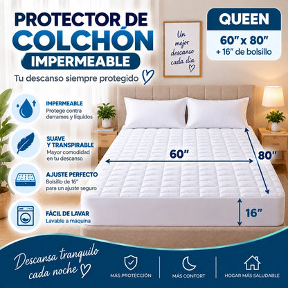 Protector de colchón impermeable tamaño Queen 60 x 80 pulgadas con bolsillo profundo de 16 pulgadas