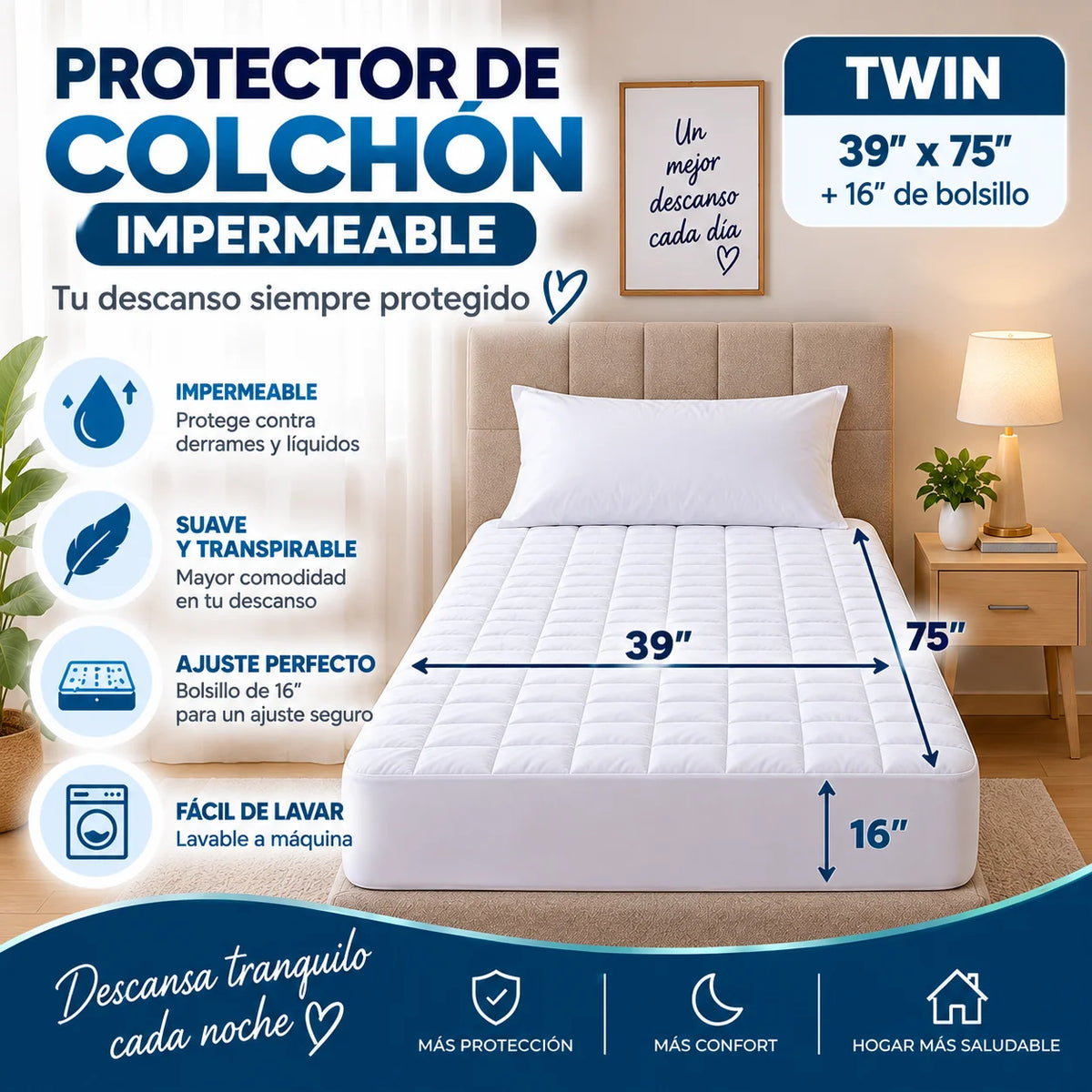 Protector de colchón impermeable tamaño Twin 39 x 75 pulgadas con bolsillo profundo de 16 pulgadas