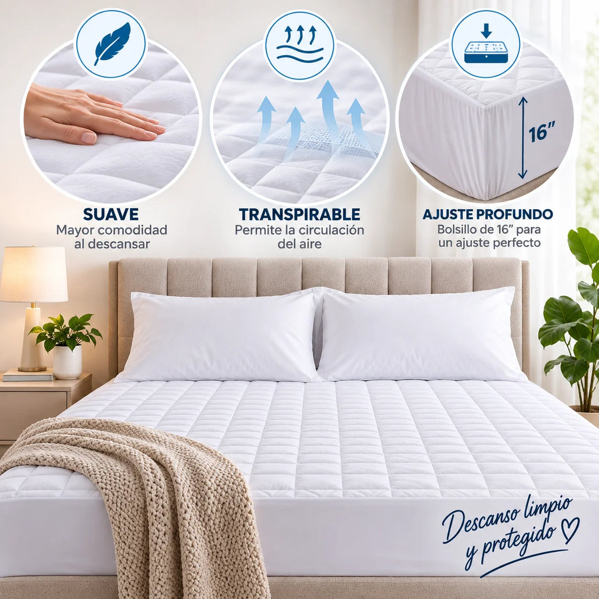 Protector de colchón impermeable suave y transpirable con bolsillo profundo de 16 pulgadas para un ajuste seguro