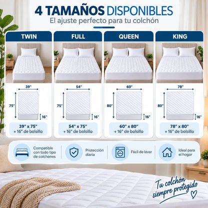 Protector de colchón impermeable disponible en tamaños twin, Full, Queen y King  con bolsillo profundo de 16 pulgadas