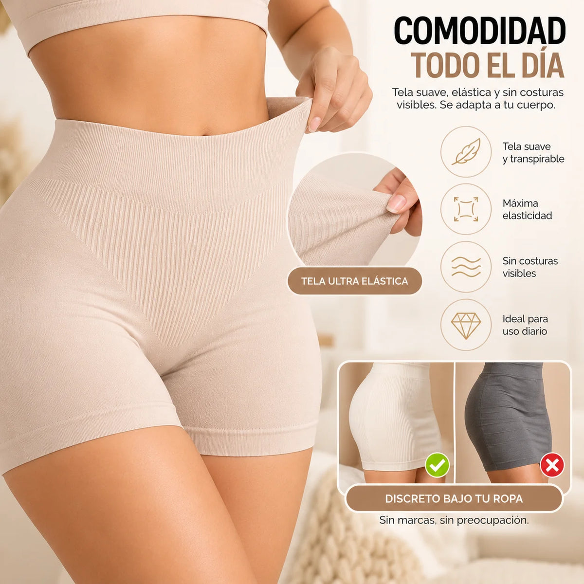 Short moldeador seamless de cintura alta con tela suave, elástica y diseño discreto bajo la ropa