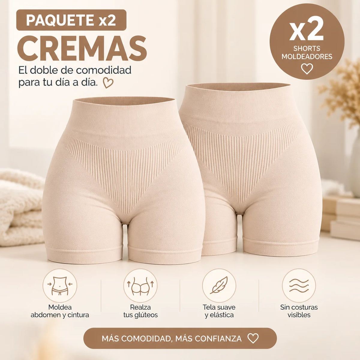 Paquete x2 de shorts moldeadores seamless color crema con cintura alta y efecto push up