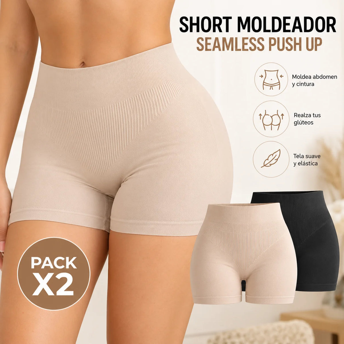 Short moldeador seamless push up pack x2 de cintura alta en colores crema y negro.