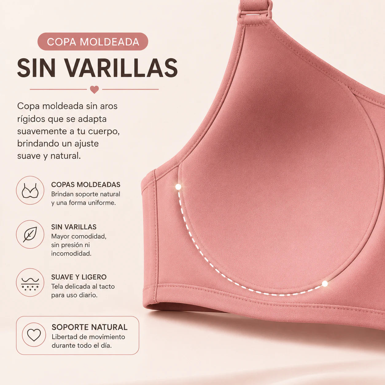 Detalle de la copa moldeada del Sostén Comfort Fit sin varillas, diseñada para brindar soporte natural, ajuste cómodo y una forma uniforme sin presión ni marcas.